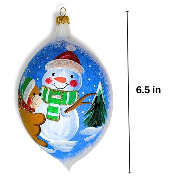 Hand Painted Large Glass Christmas Ornament Snowman Glittery Blue Vintage Style - Picture 5 of 6
